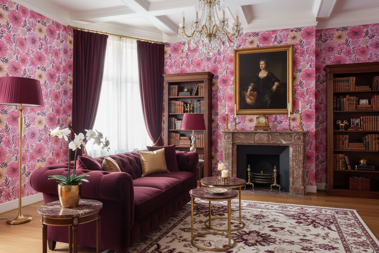 A stately maximalist library featuring pink retro dahlia floral wallpaper paired with a deep burgundy tufted velvet Chesterfield sofa. The room is anchored by a classic stone fireplace, antique gold-framed portrait, and built-in mahogany bookshelves, showcasing a bold color-drenched interior design.