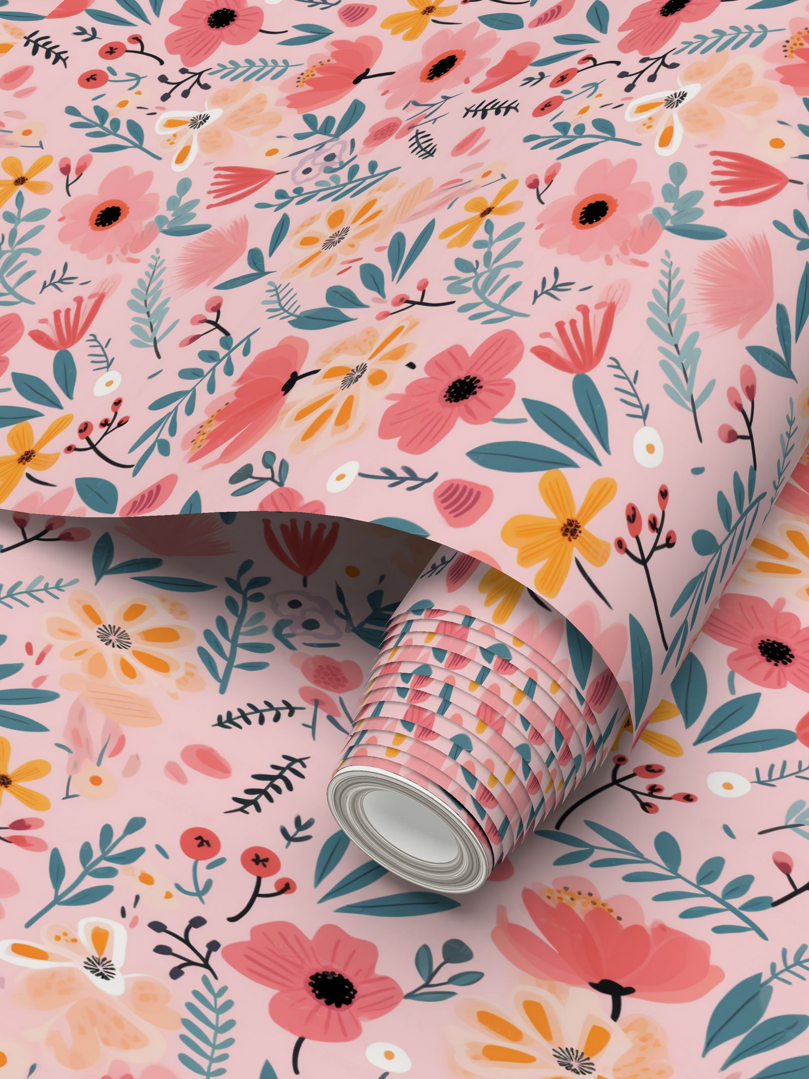 Hand-made to order roll of floral wallpaper in pink and yellow, an ideal housewarming gift for newlyweds or a backdrop for event planners.
