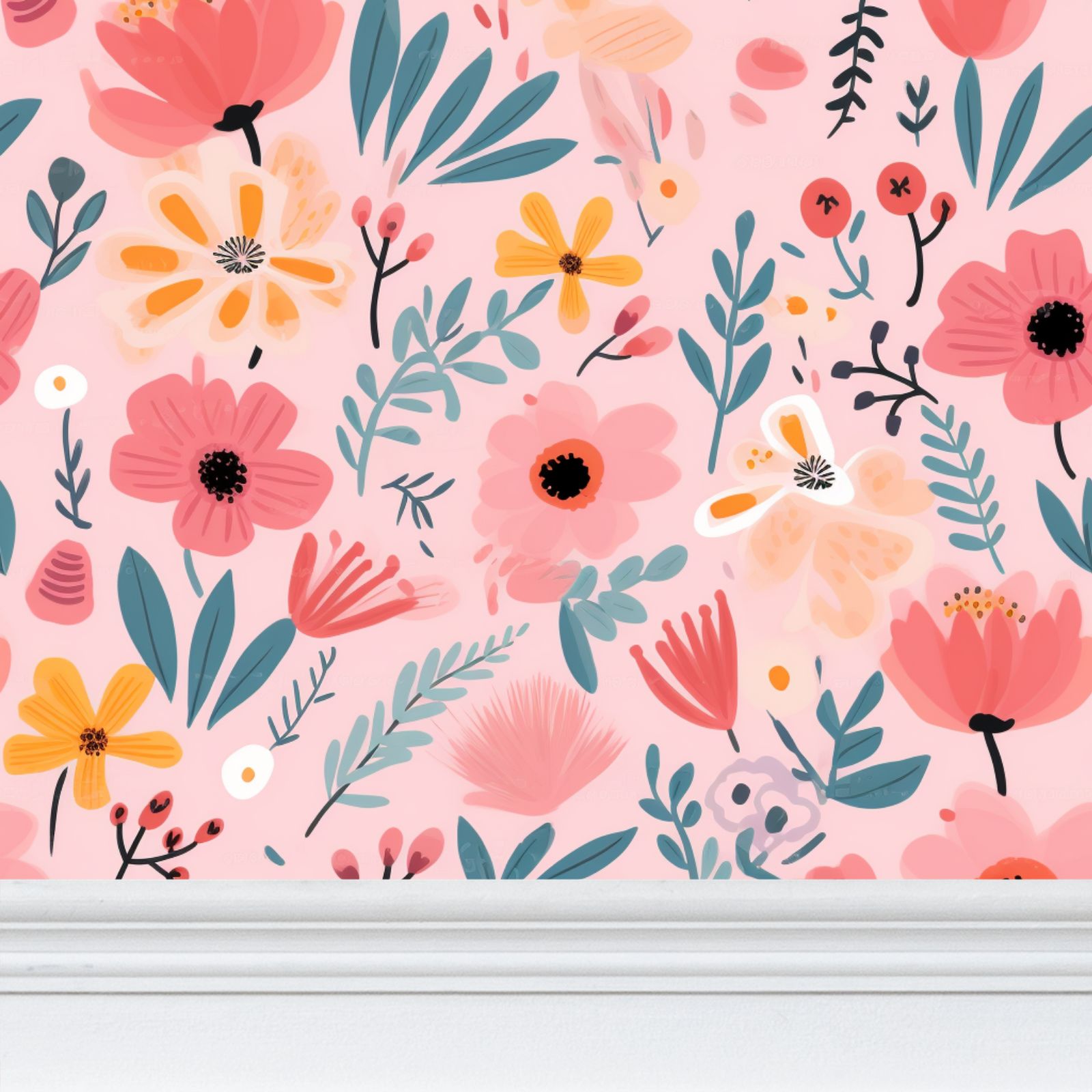 Whimsical garden flower wallpaper in shades of pink and yellow, ideal for creating a heartwarming nursery accent wall or a pink-themed party backdrop