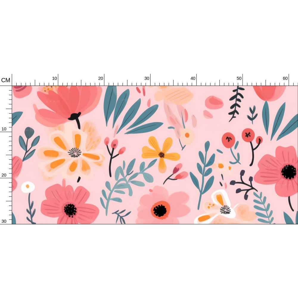 Floral wallpaper scale guide for pink and yellow garden flowers, showing a 60cm width and 30cm height pattern repeat for accurate room planning.