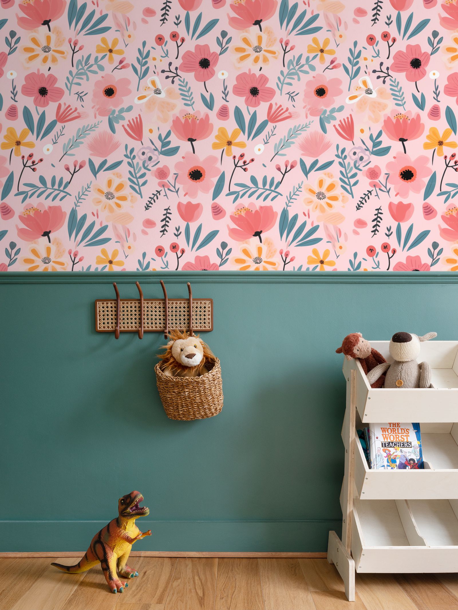 Heartwarming nursery decor inspiration using vibrant garden floral wallpaper and teal accent walls, ideal for interior designers planning creative children's spaces.
