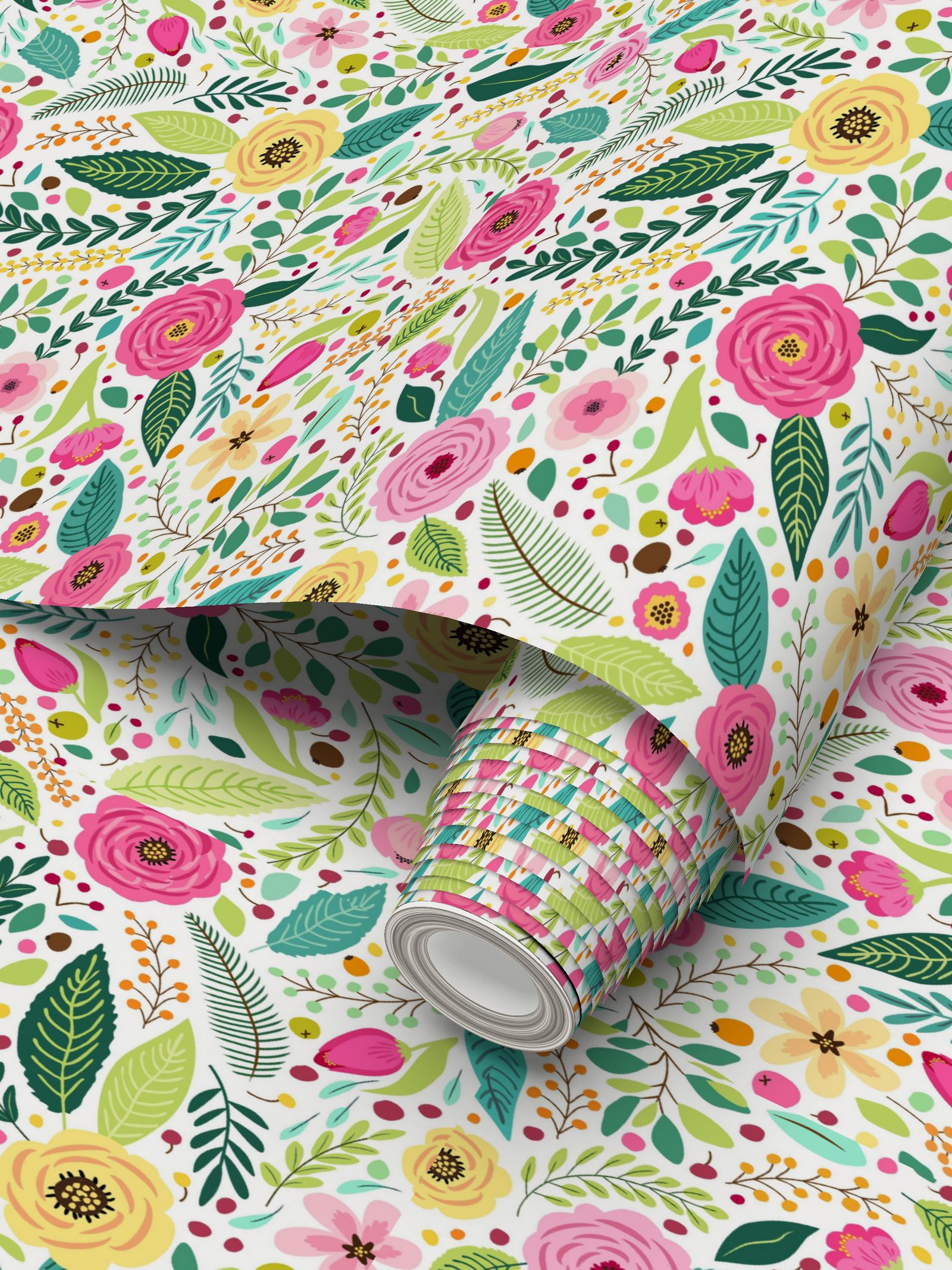 "Hand-painted pink and yellow garden flower wallpaper roll, premium floral wall decor for event planners and homeowners.