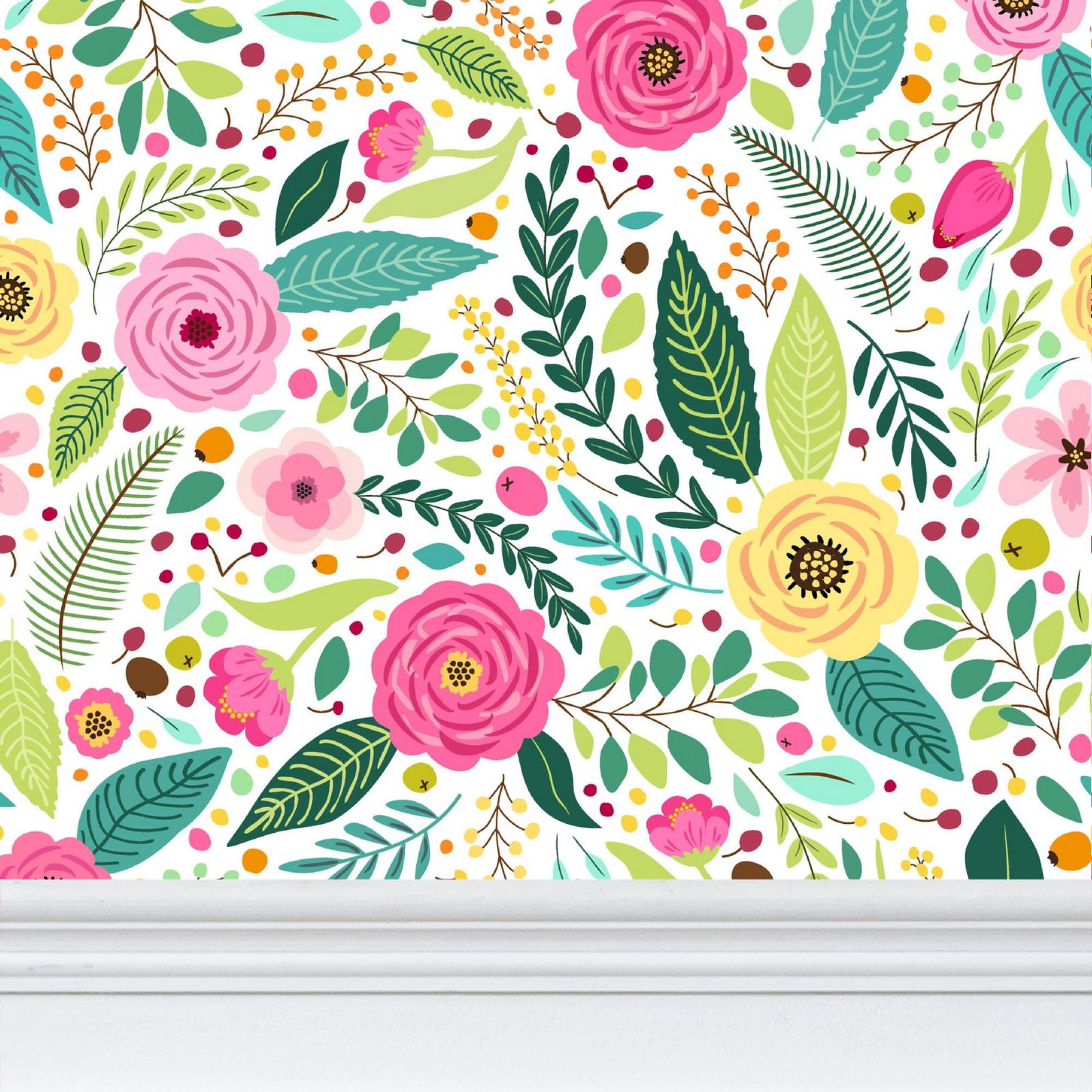 Vibrant pink and yellow flower print wallpaper installed above a thick white decorative baseboard for a bright living room