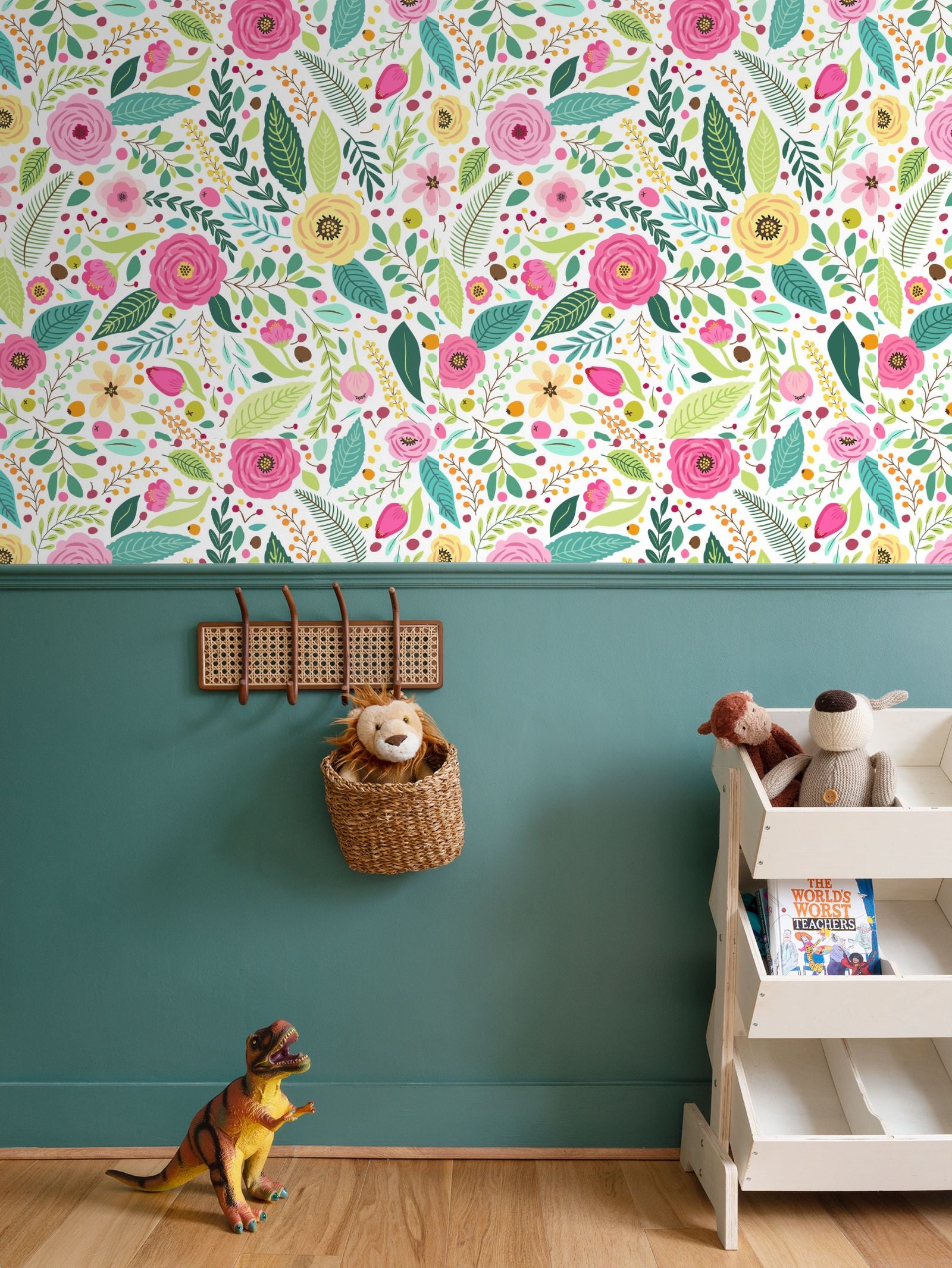 Heartwarming nursery decor inspiration using vibrant garden floral wallpaper and teal accent walls, ideal for interior designers planning creative children's spaces.