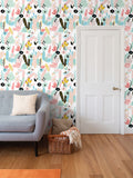 yellow, teal. mustard flowers Repeat Pattern Wallpaper