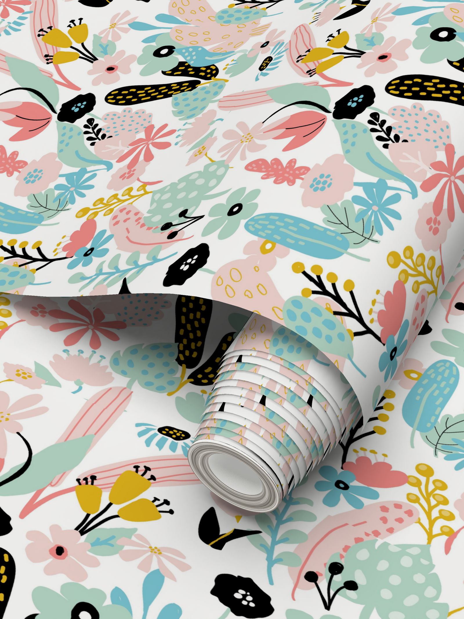 yellow, teal. mustard flowers Repeat Pattern Wallpaper