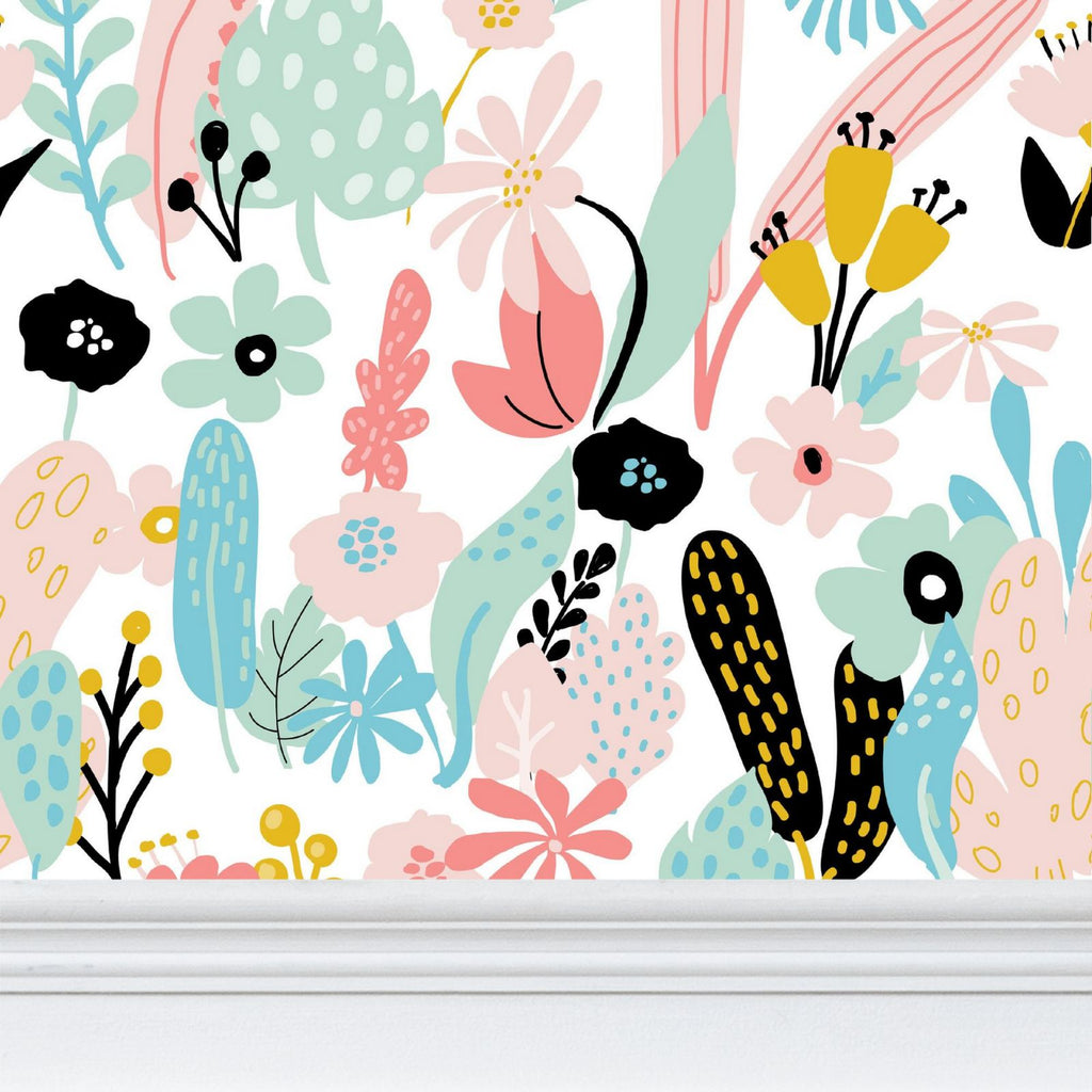 yellow, teal. mustard flowers Repeat Pattern Wallpaper