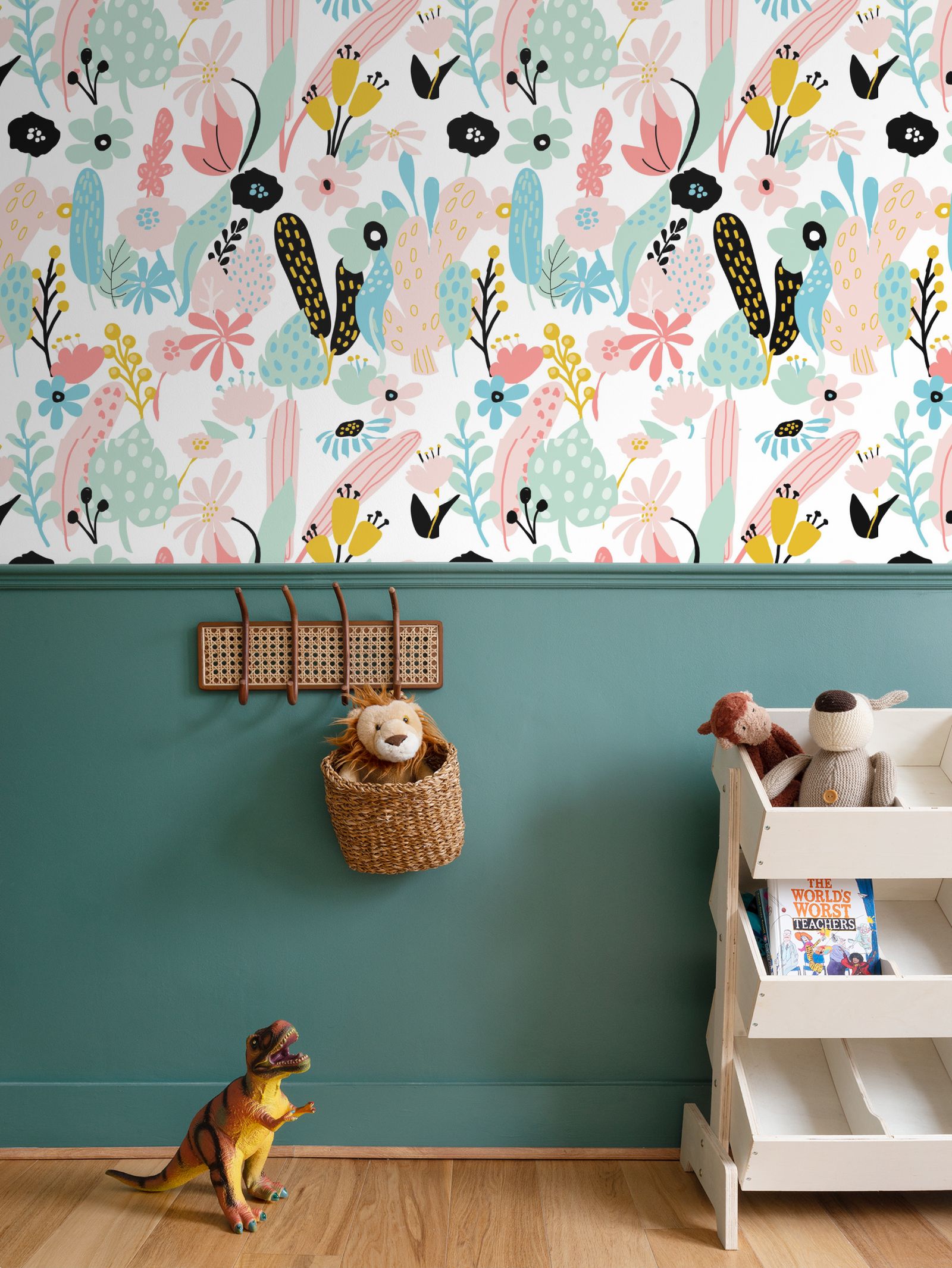 yellow, teal. mustard flowers Repeat Pattern Wallpaper