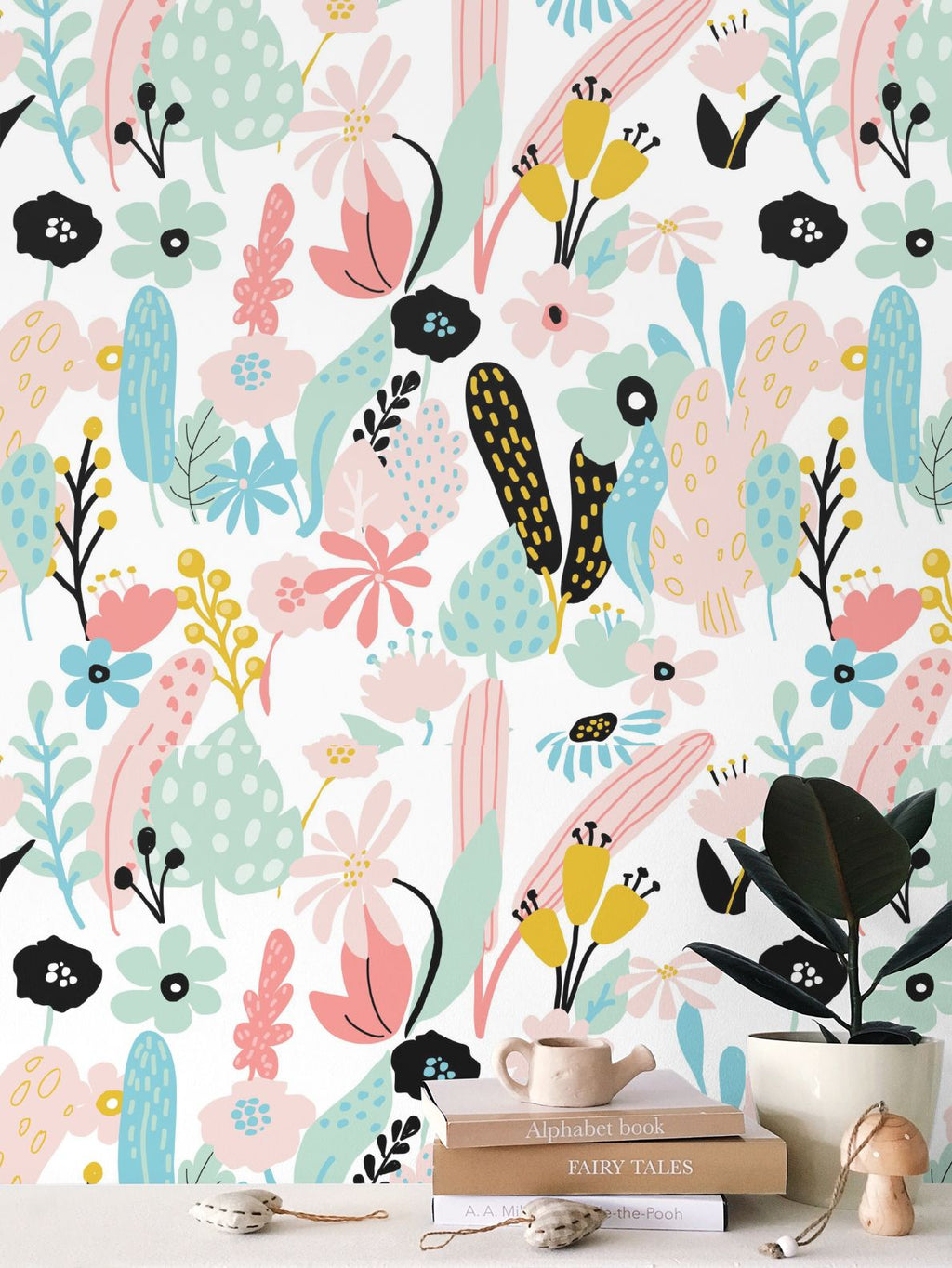 yellow, teal. mustard flowers Repeat Pattern Wallpaper