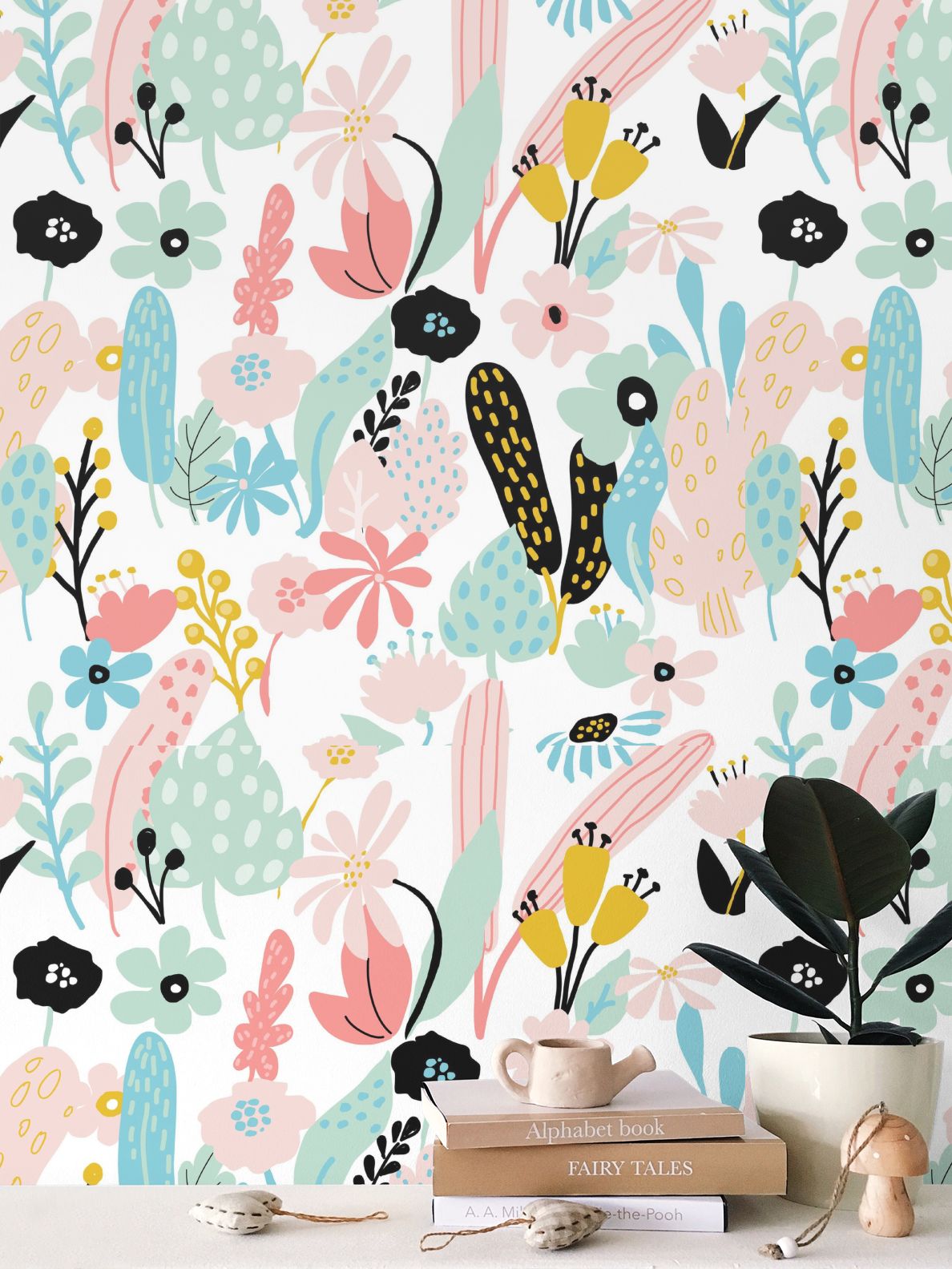 yellow, teal. mustard flowers Repeat Pattern Wallpaper