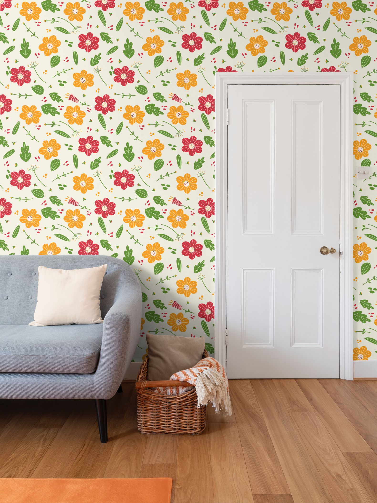 orange, red flowers and green leaves Repeat Pattern Wallpaper