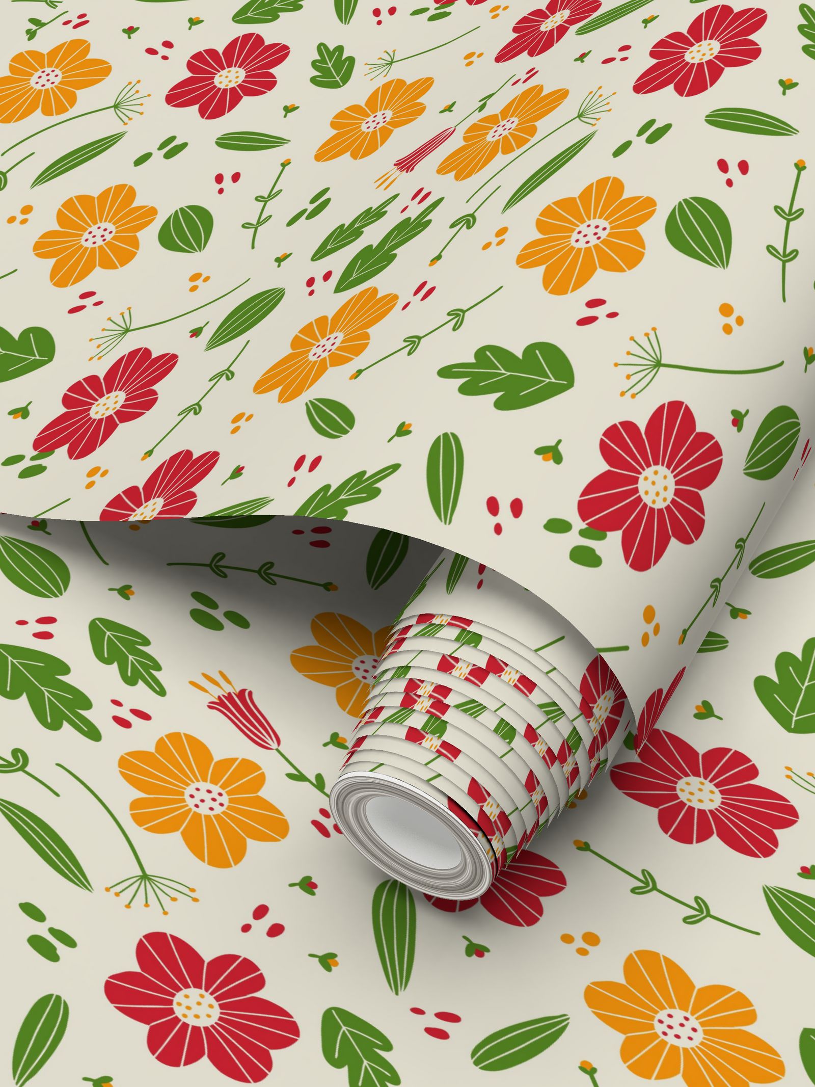 orange, red flowers and green leaves Repeat Pattern Wallpaper