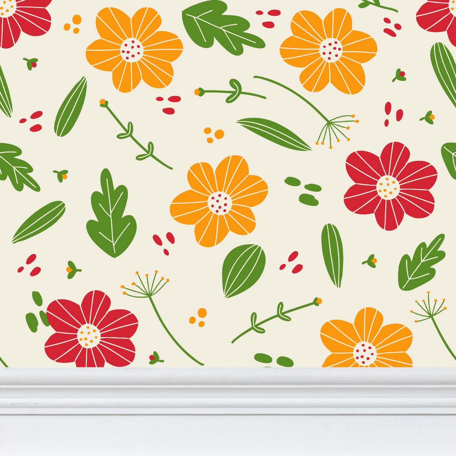 orange, red flowers and green leaves Repeat Pattern Wallpaper