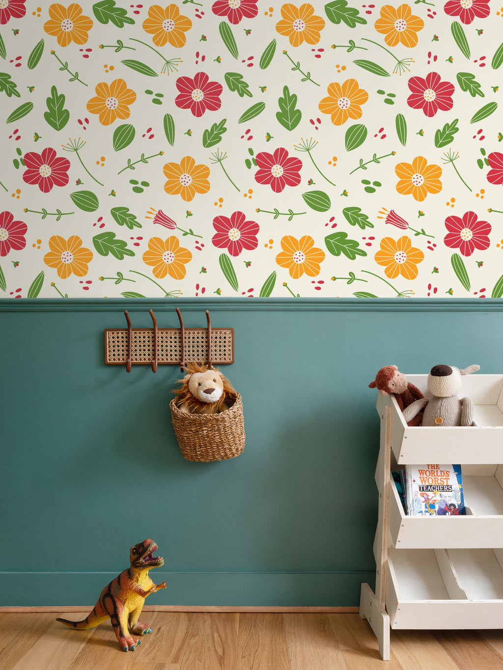 orange, red flowers and green leaves Repeat Pattern Wallpaper