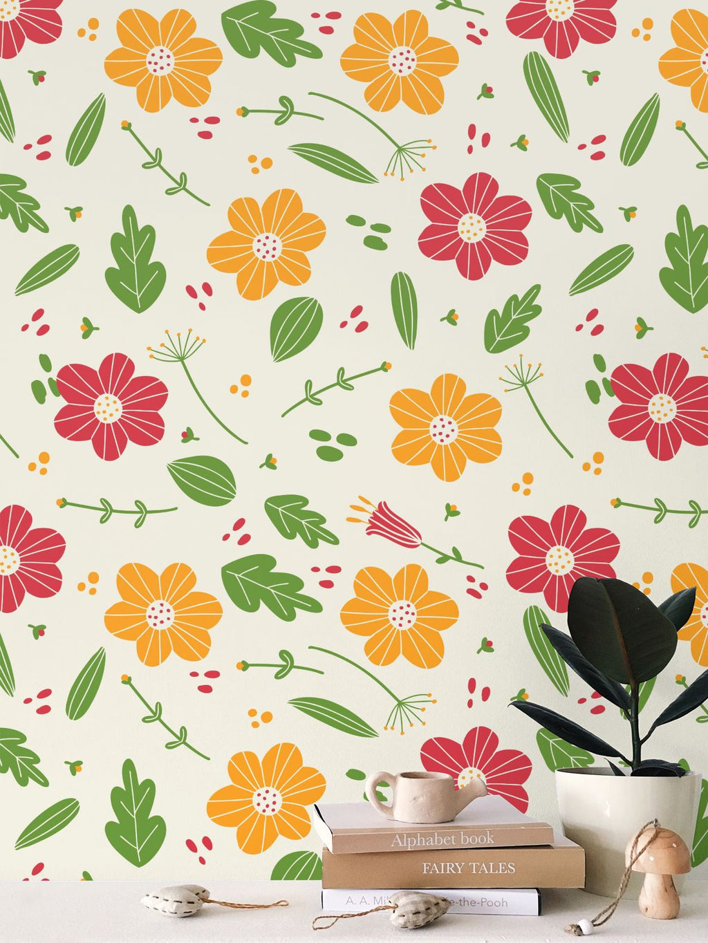 orange, red flowers and green leaves Repeat Pattern Wallpaper