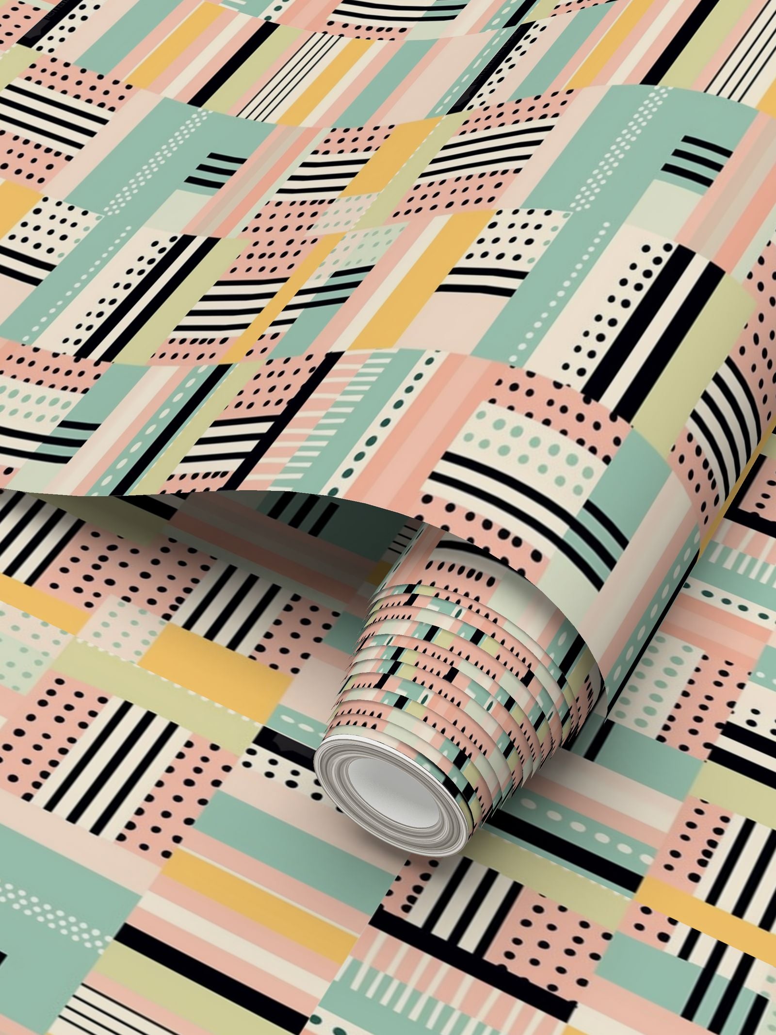 Black, green, pale pink geometry Repeat Pattern Wallpaper