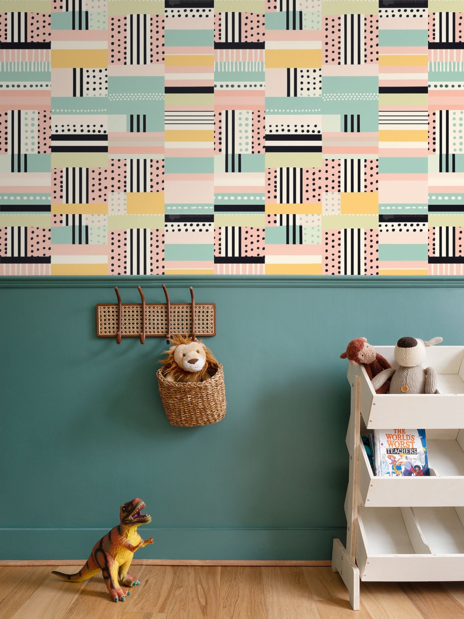 Black, green, pale pink geometry Repeat Pattern Wallpaper