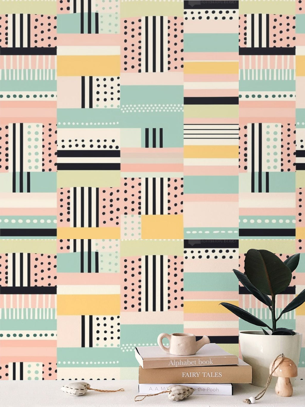Black, green, pale pink geometry Repeat Pattern Wallpaper