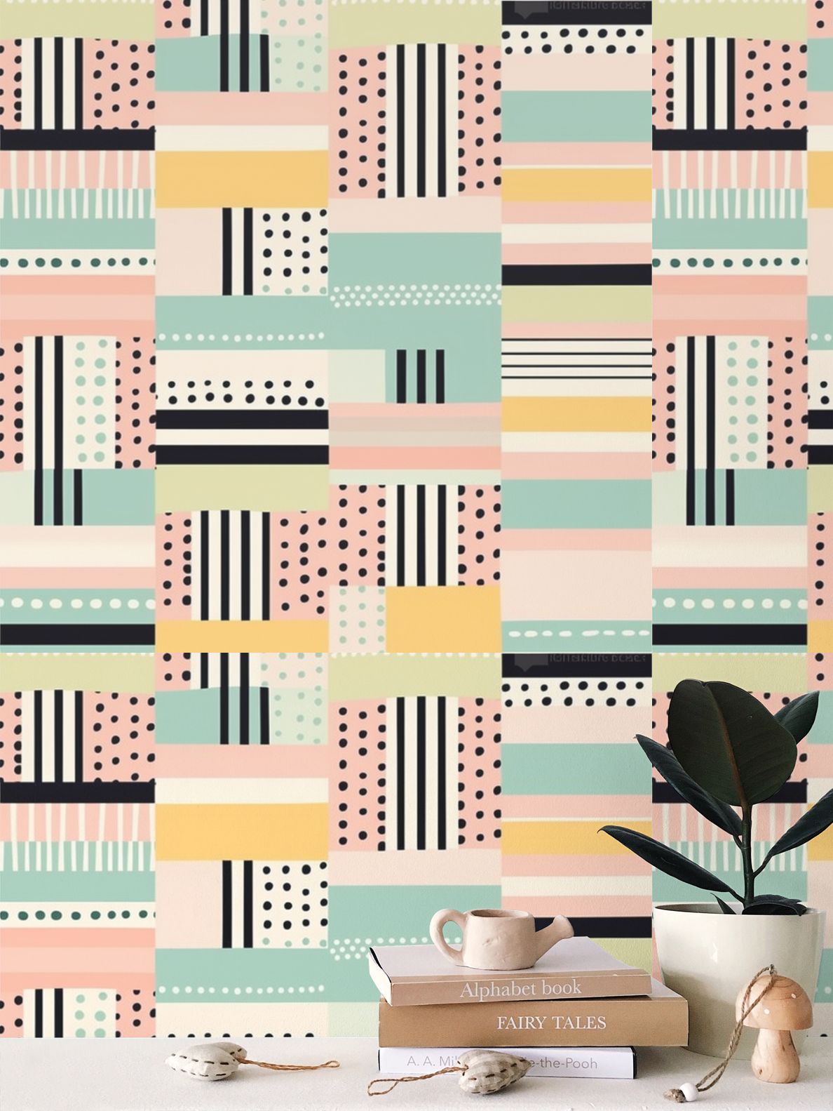 Black, green, pale pink geometry Repeat Pattern Wallpaper