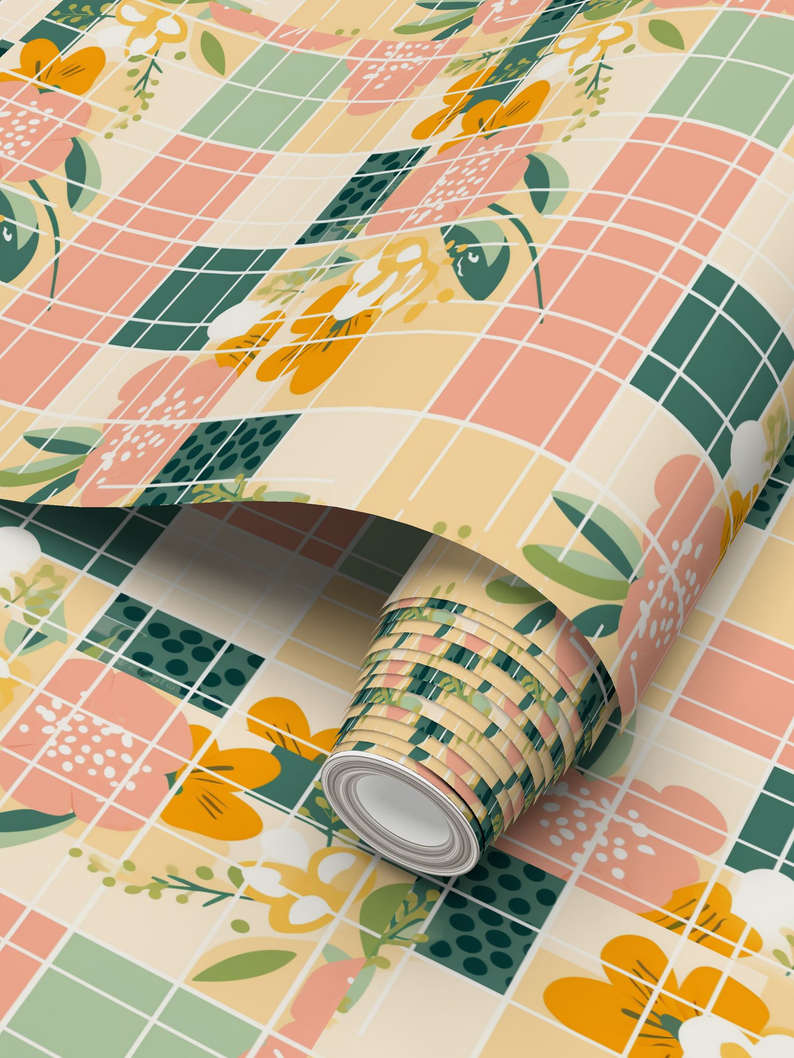 Orange and pink and white flowers Repeat Pattern Wallpaper