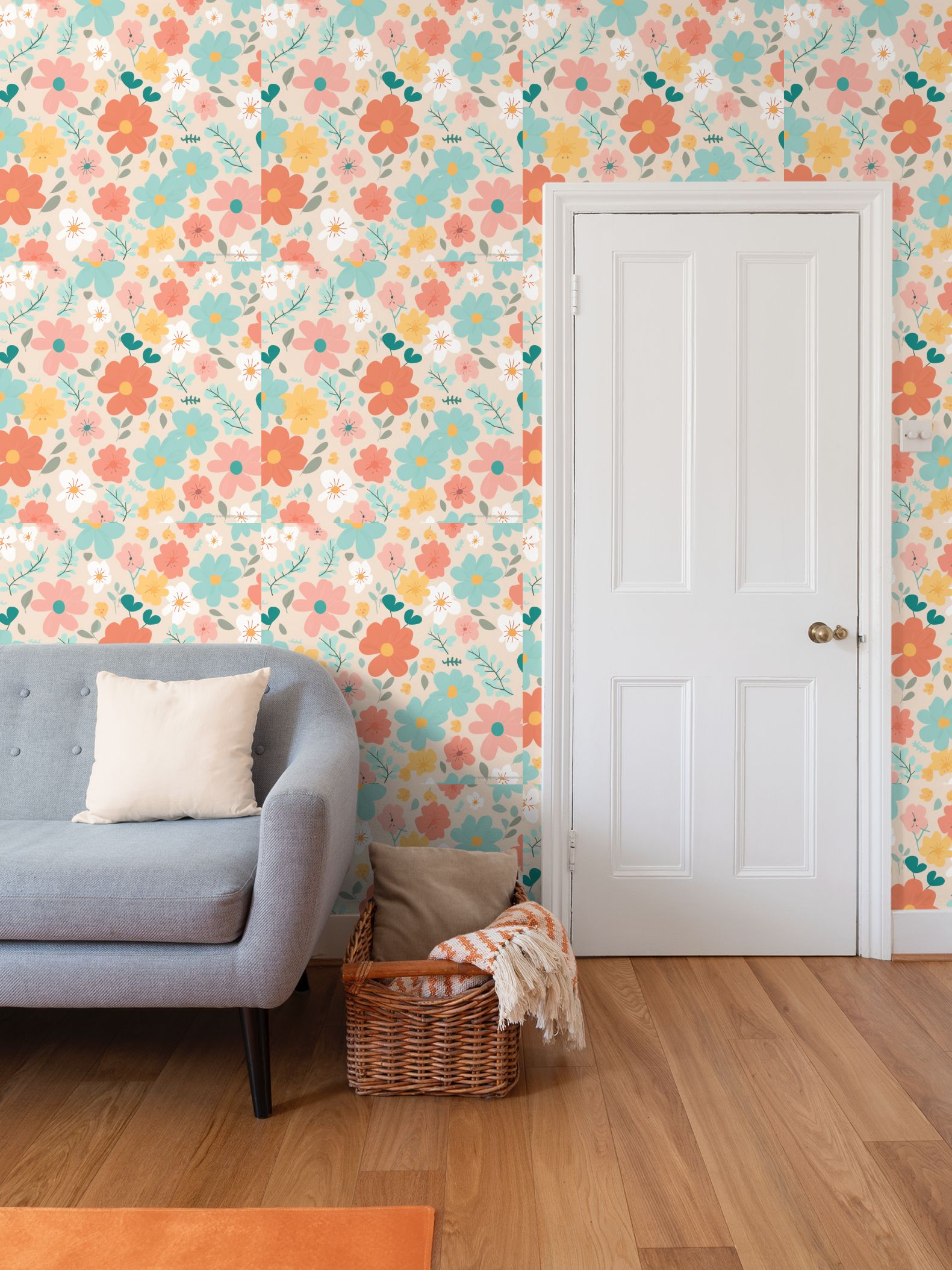 Pink orange light teal white flowers Repeat Pattern Wallpaper