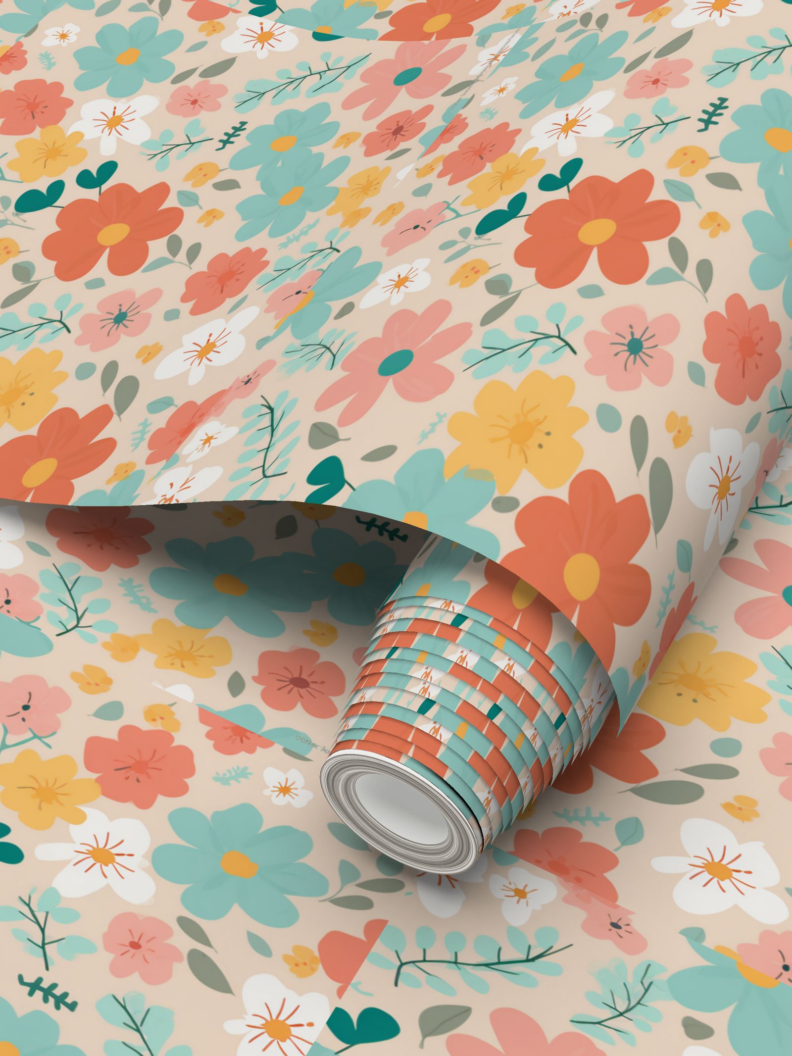 Pink orange light teal white flowers Repeat Pattern Wallpaper