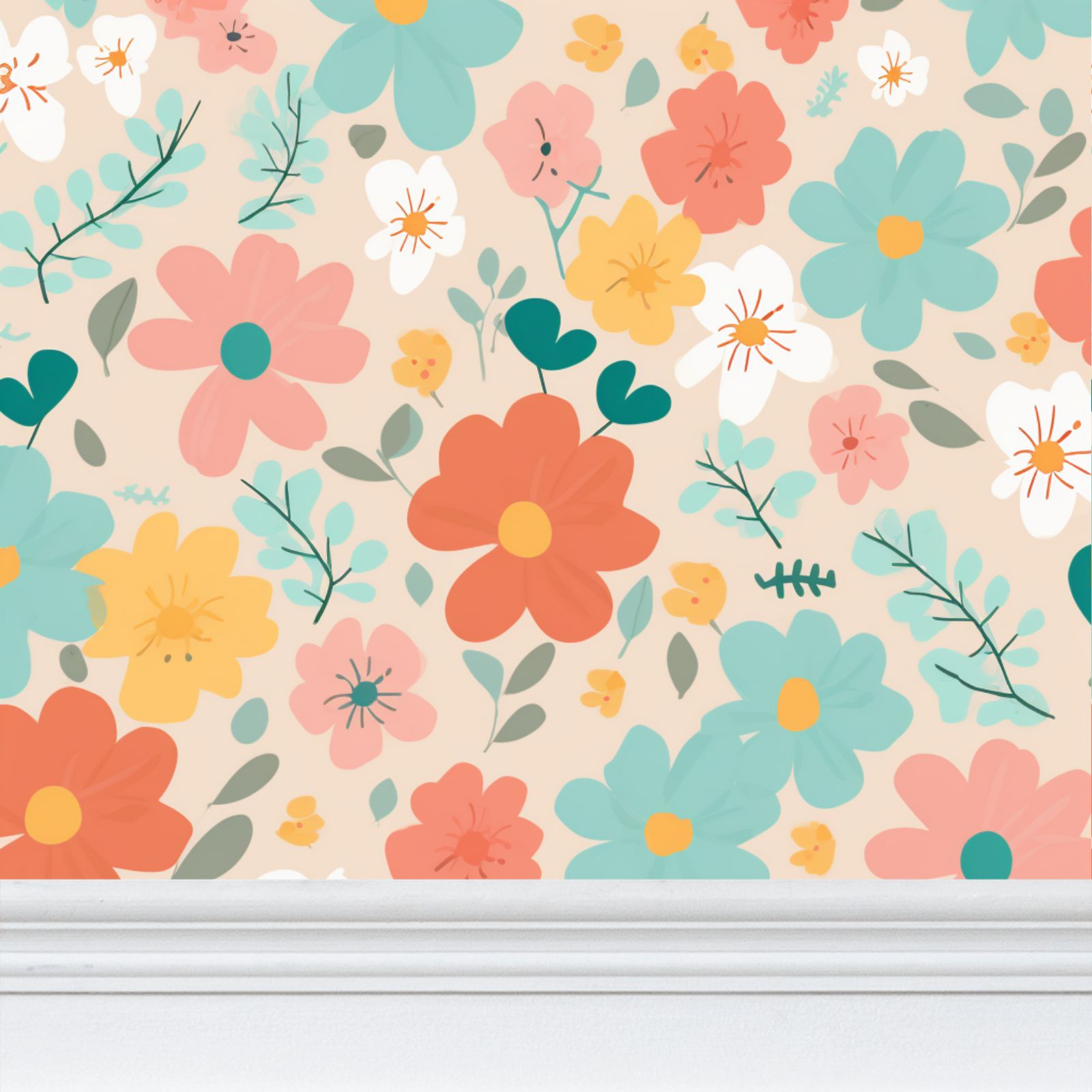 Pink orange light teal white flowers Repeat Pattern Wallpaper