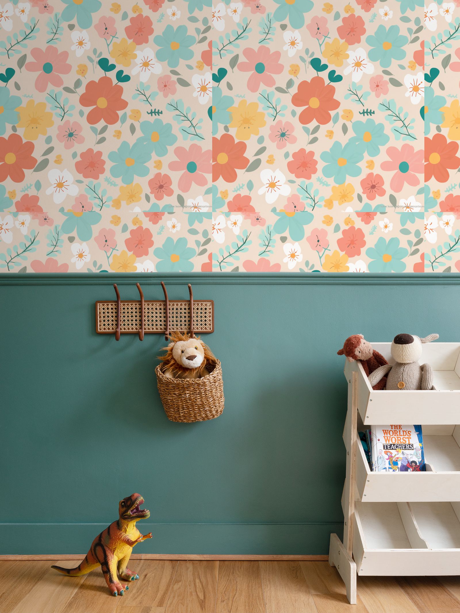 Pink orange light teal white flowers Repeat Pattern Wallpaper