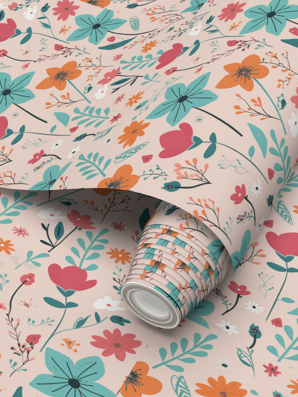 Pink orange light teal flowers Repeat Pattern Wallpaper