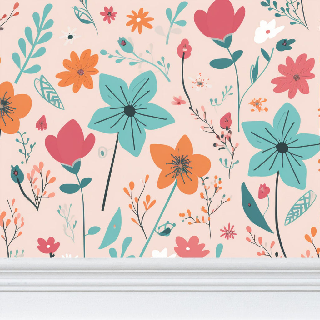Pink orange light teal flowers Repeat Pattern Wallpaper