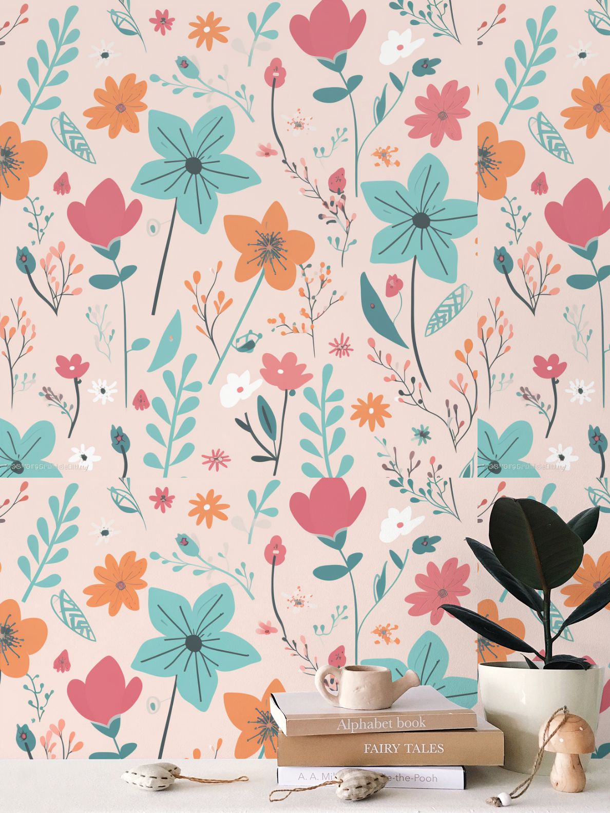 Pink orange light teal flowers Repeat Pattern Wallpaper