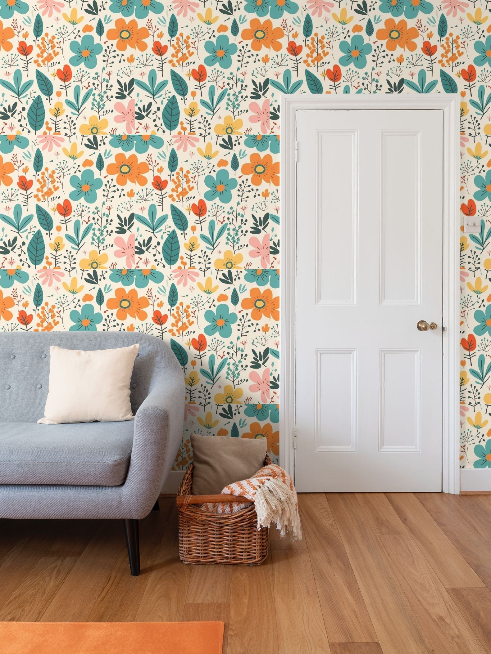 Teal and Orange flowers Repeat Pattern Wallpaper