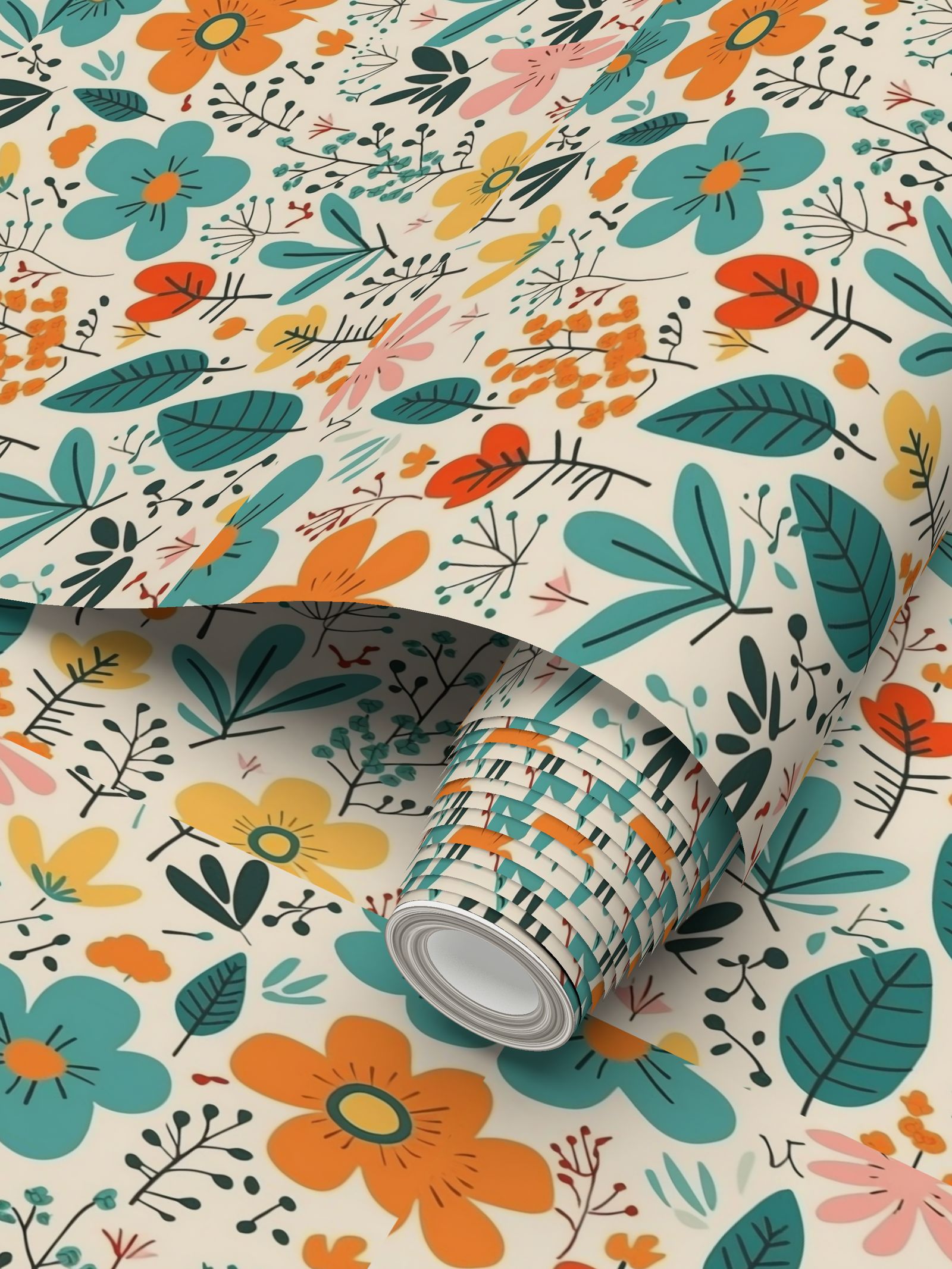 Teal and Orange flowers Repeat Pattern Wallpaper
