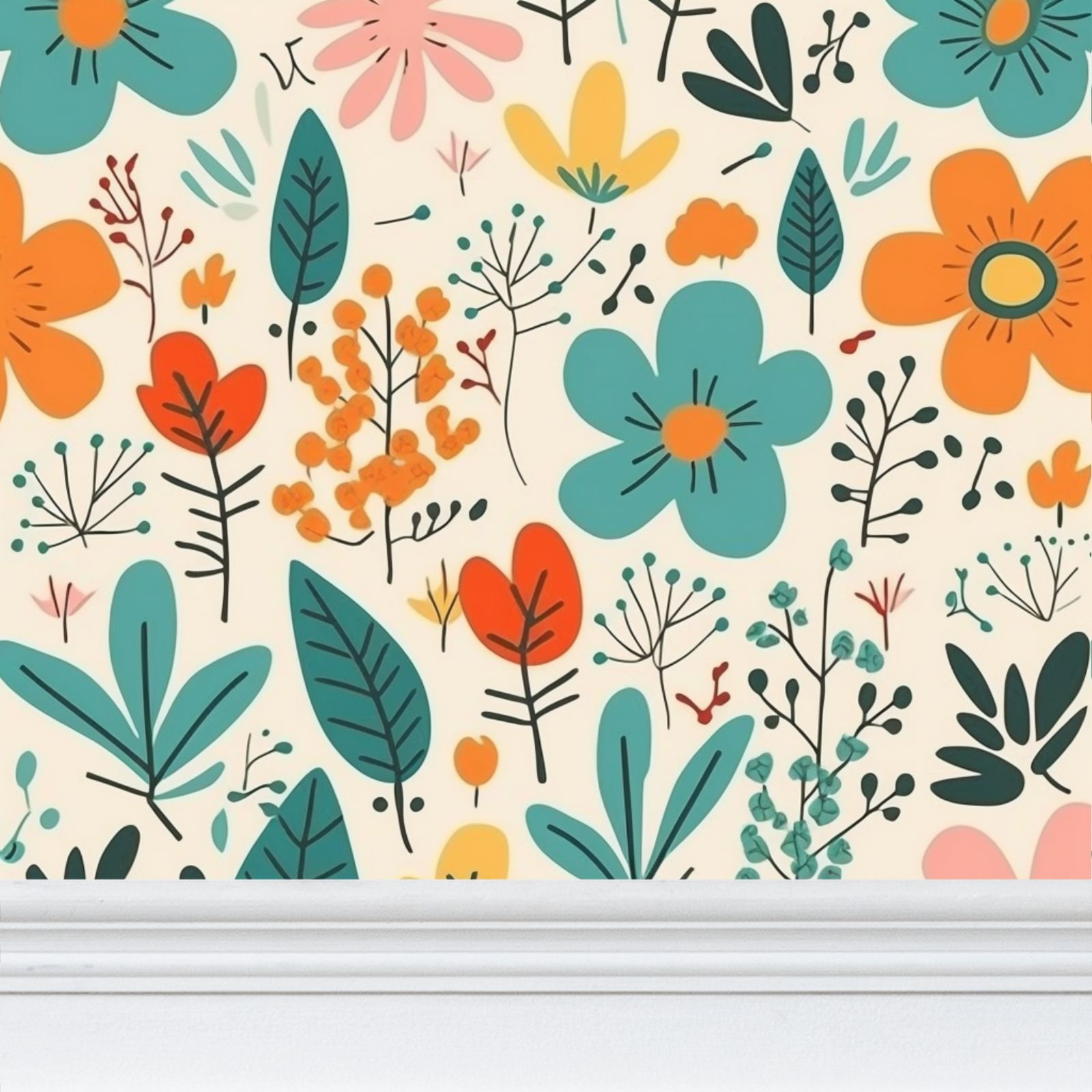 Teal and Orange flowers Repeat Pattern Wallpaper