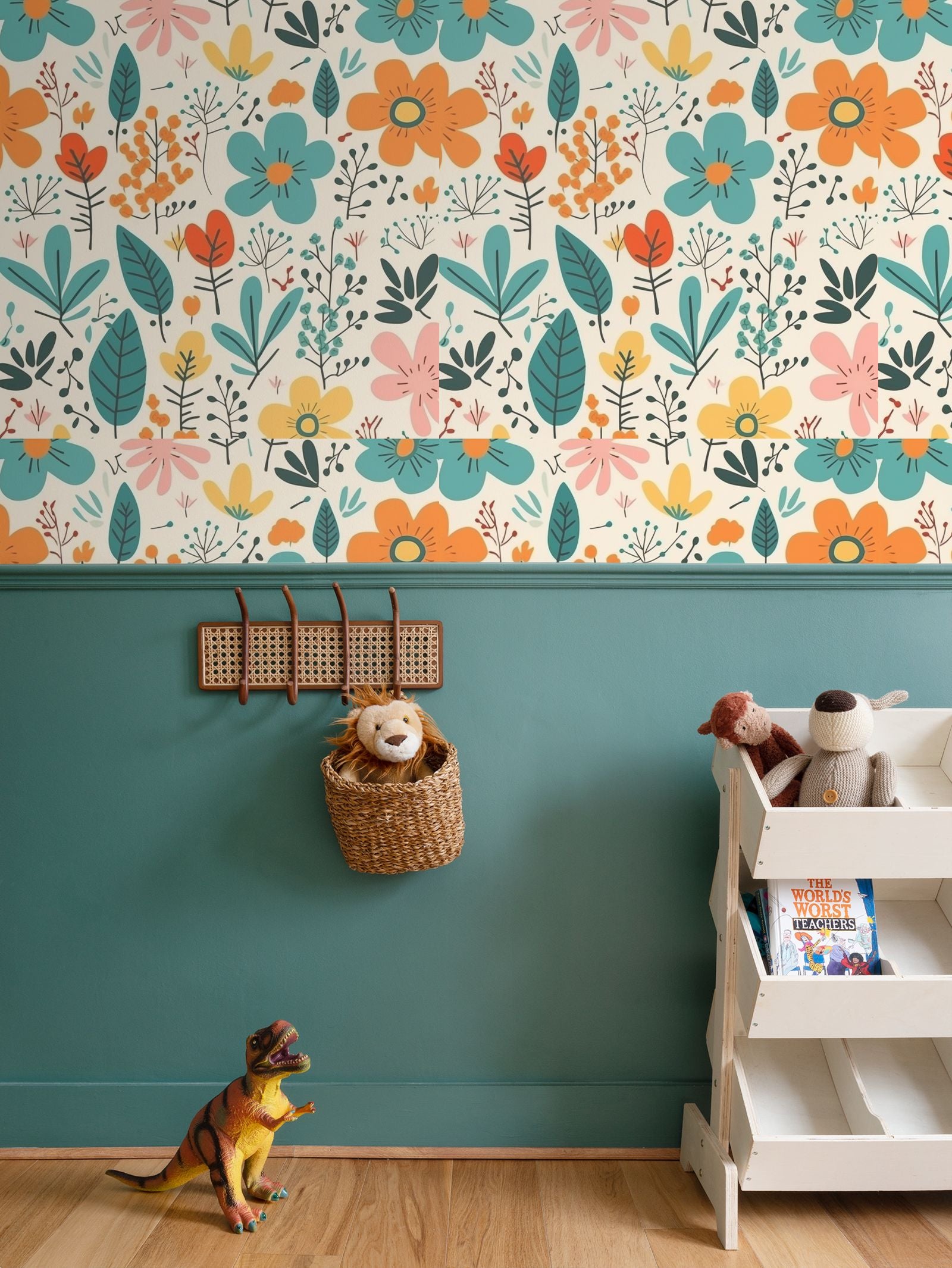 Teal and Orange flowers Repeat Pattern Wallpaper