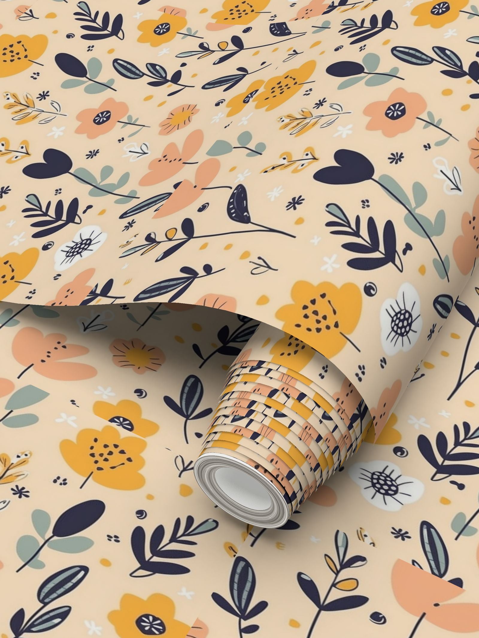 Mustard and pale orange and navy blue leaves Repeat Pattern Wallpaper