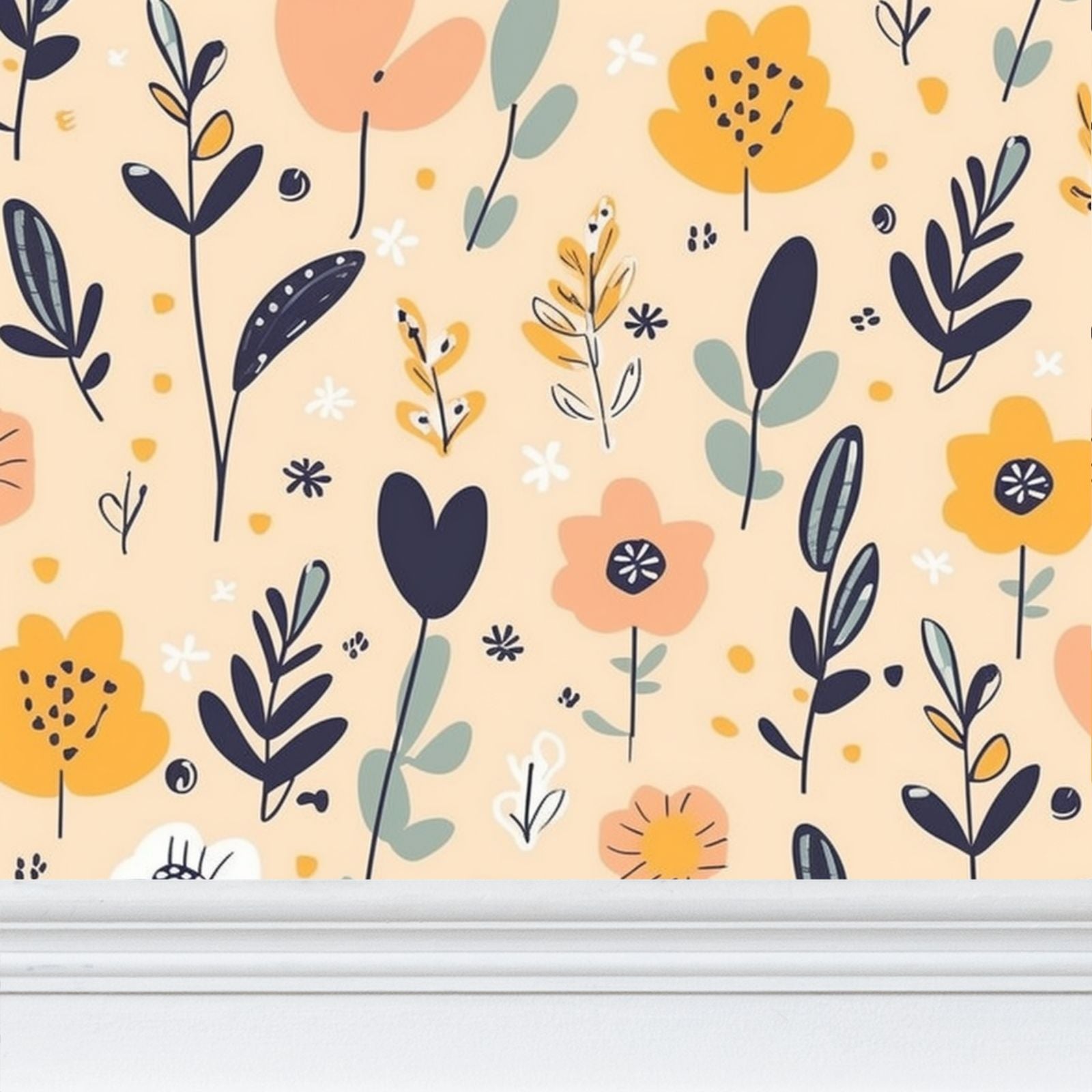 Mustard and pale orange and navy blue leaves Repeat Pattern Wallpaper