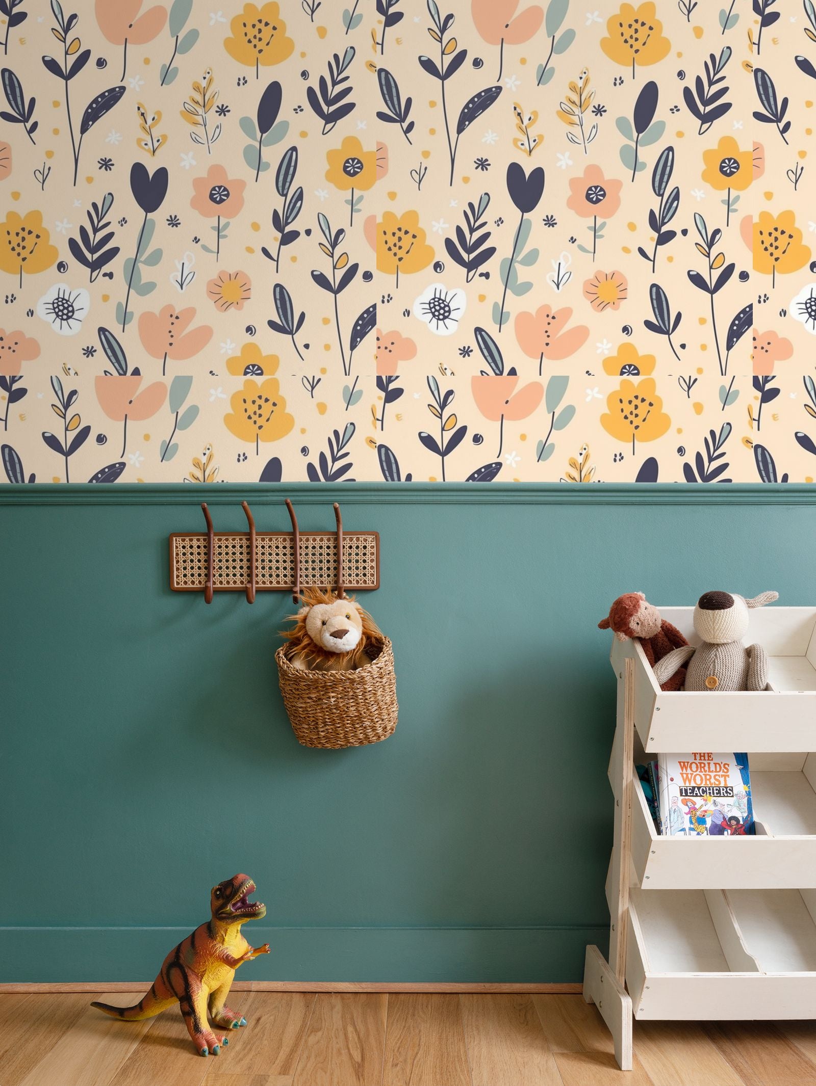 Mustard and pale orange and navy blue leaves Repeat Pattern Wallpaper