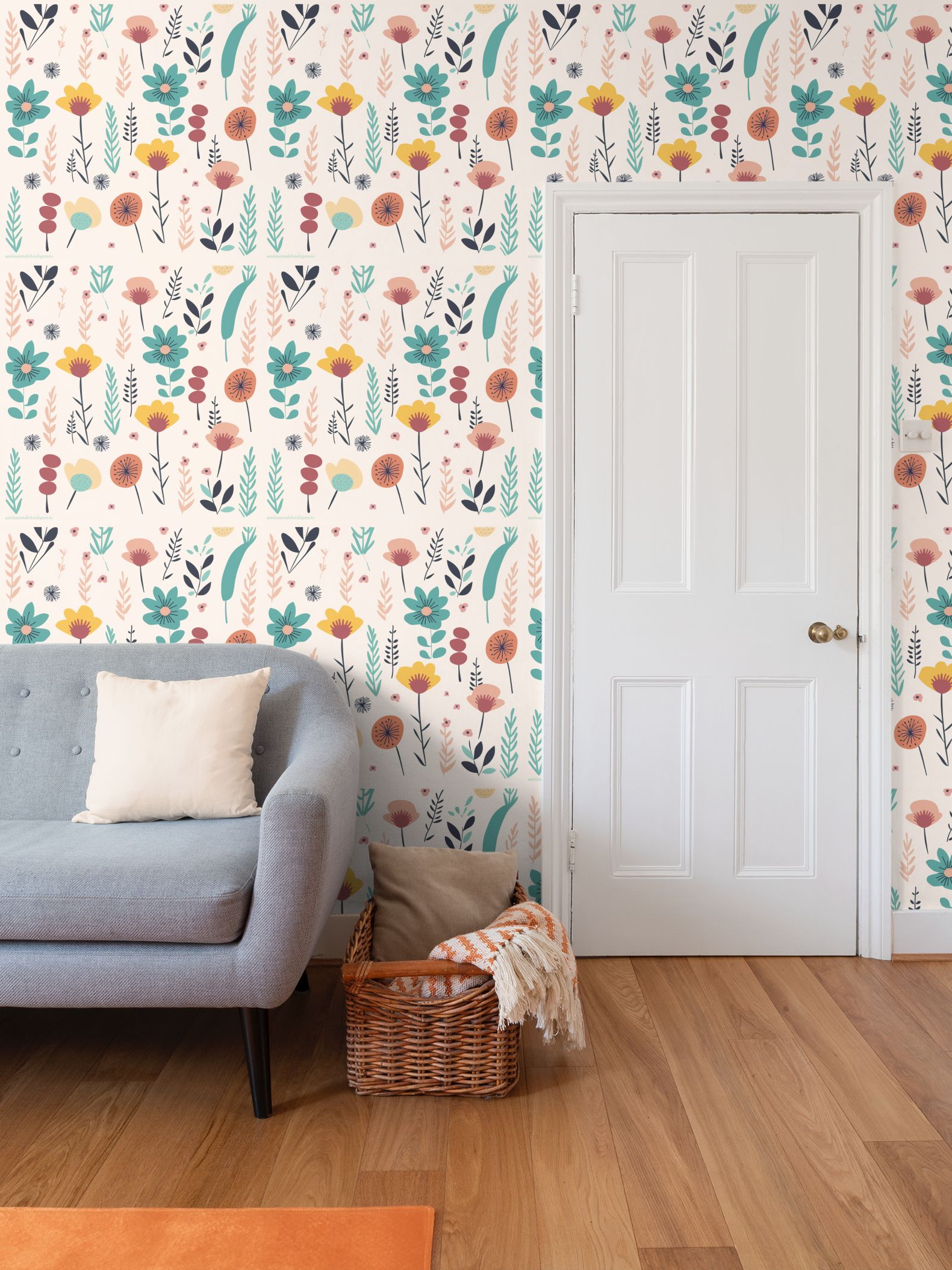 teal and mustard flowers Repeat Pattern Wallpaper