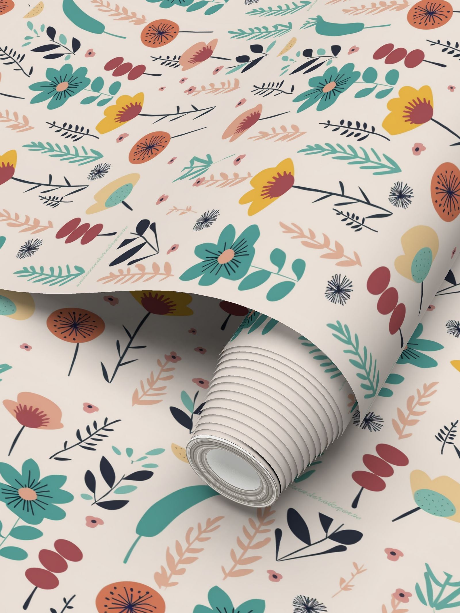 teal and mustard flowers Repeat Pattern Wallpaper