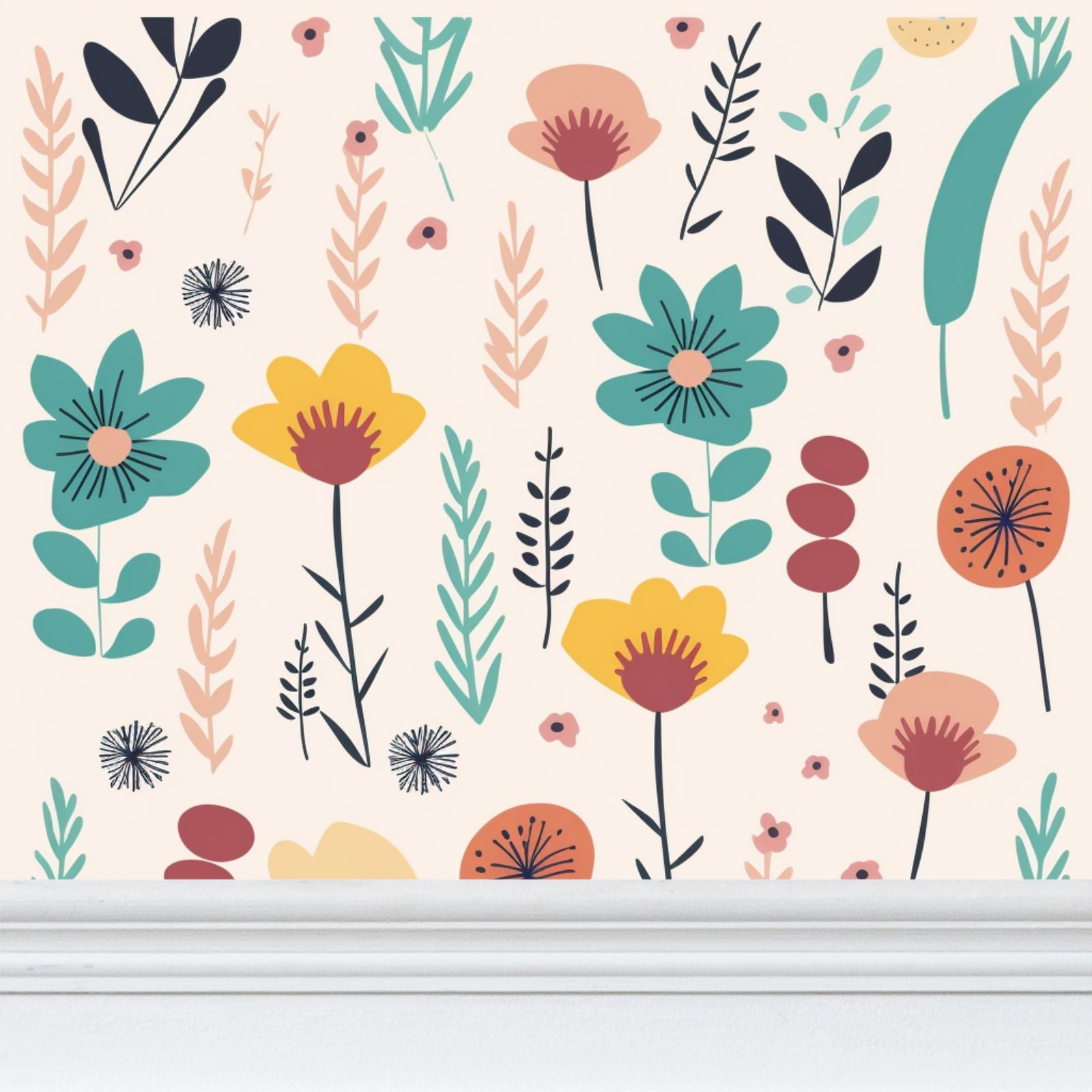 teal and mustard flowers Repeat Pattern Wallpaper