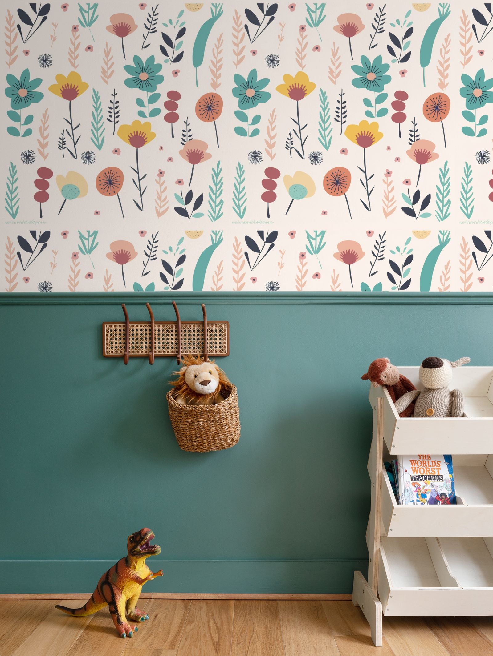 teal and mustard flowers Repeat Pattern Wallpaper