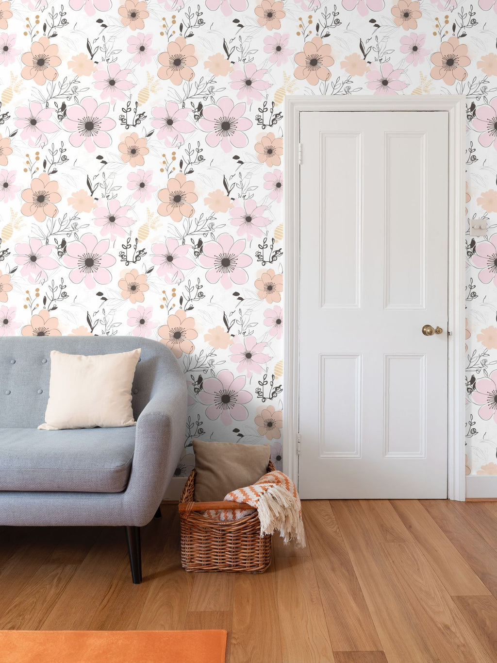 Pale orange and gentle pink flowers Repeat Pattern Wallpaper