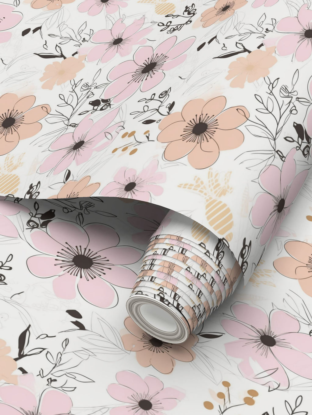Pale orange and gentle pink flowers Repeat Pattern Wallpaper