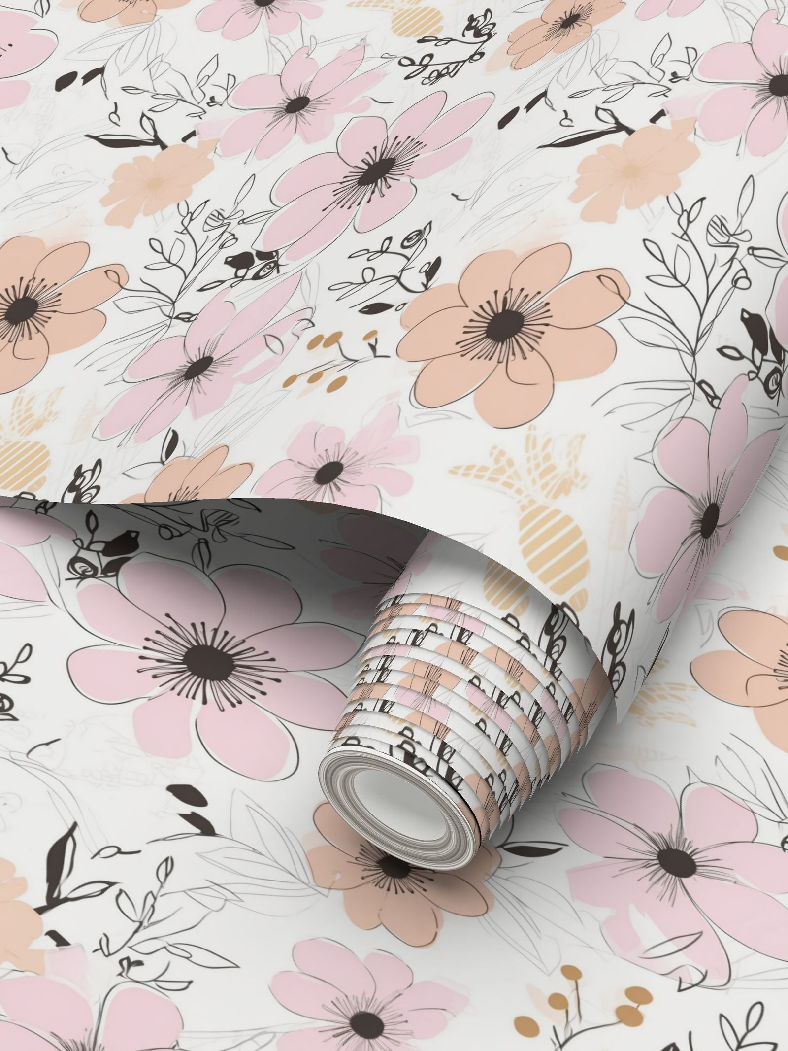 Pale orange and gentle pink flowers Repeat Pattern Wallpaper