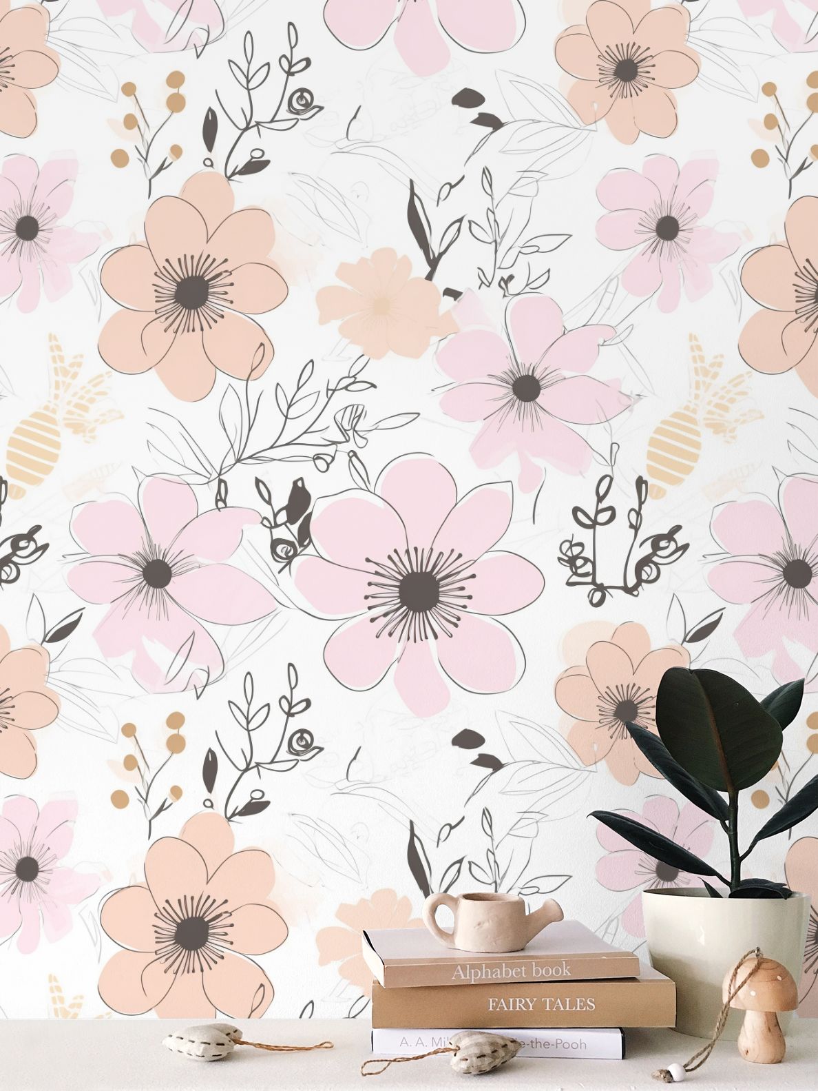 Pale orange and gentle pink flowers Repeat Pattern Wallpaper