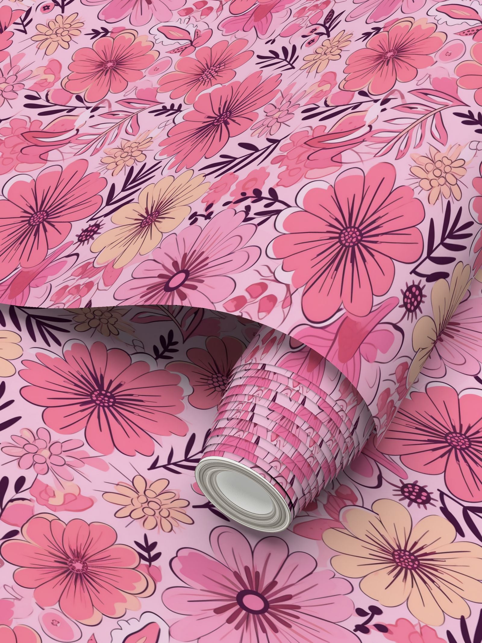 Professional-grade non-pasted wallpaper with a retro bloom pink floral motif. Featuring a large-scale, hand-drawn botanical pattern in muted blush and deep magenta, this 70s-inspired wall covering is perfect for creating high-impact maximalist feature walls in luxury nurseries or boutique hotel suites.