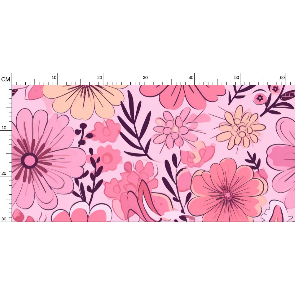 Scale-reference view of pink retro floral wallpaper showing a 60cm vertical pattern repeat. This large-scale botanical print features stylized pink and coral dahlias with deep purple foliage, ideal for calculating yardage in residential or commercial design projects.