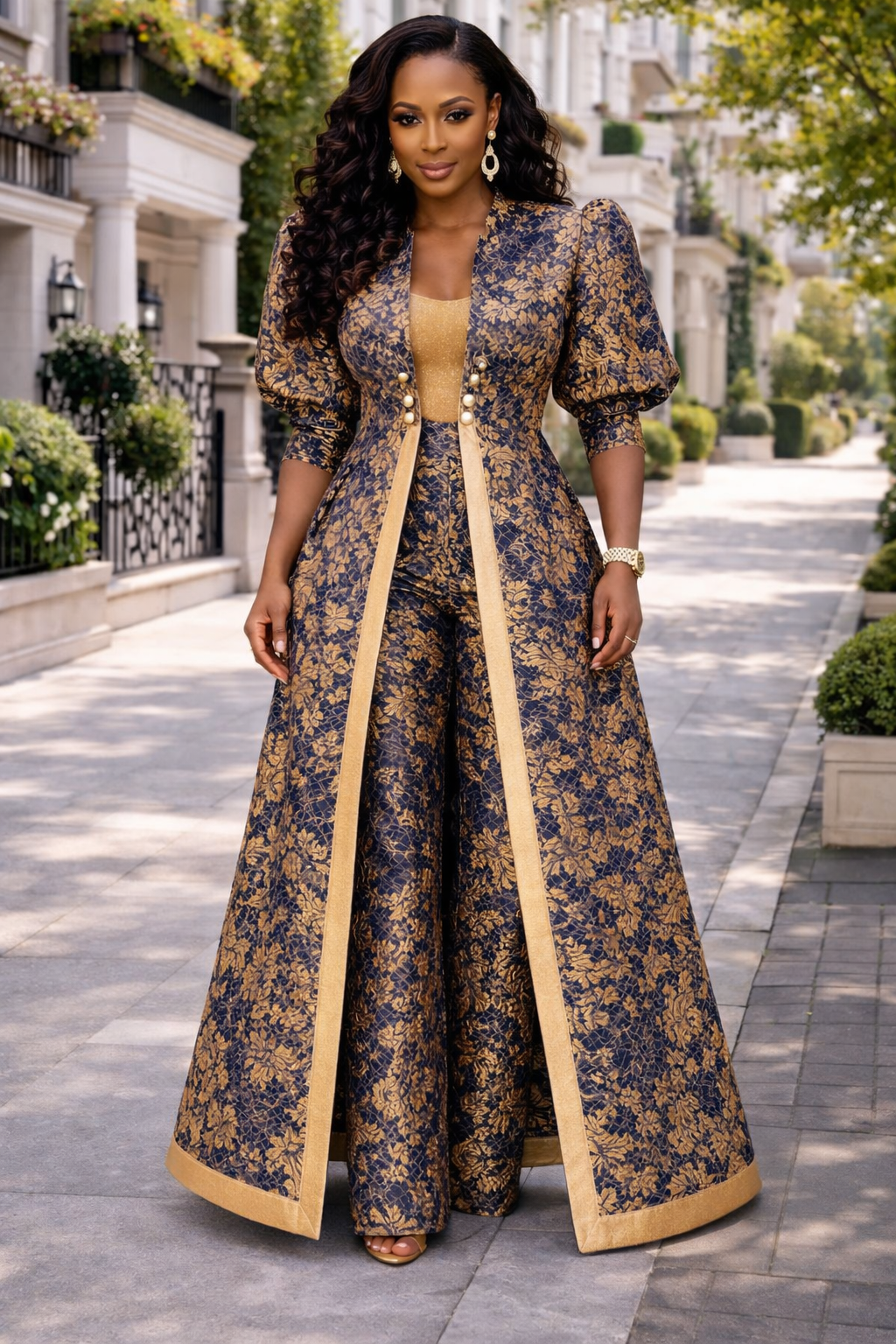 The Niadira Kimono Style Corset 3pc Set — Navy & Gold