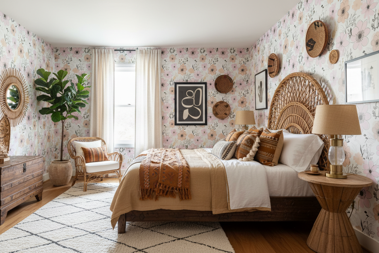 Bedroom with Floral Wallpaper